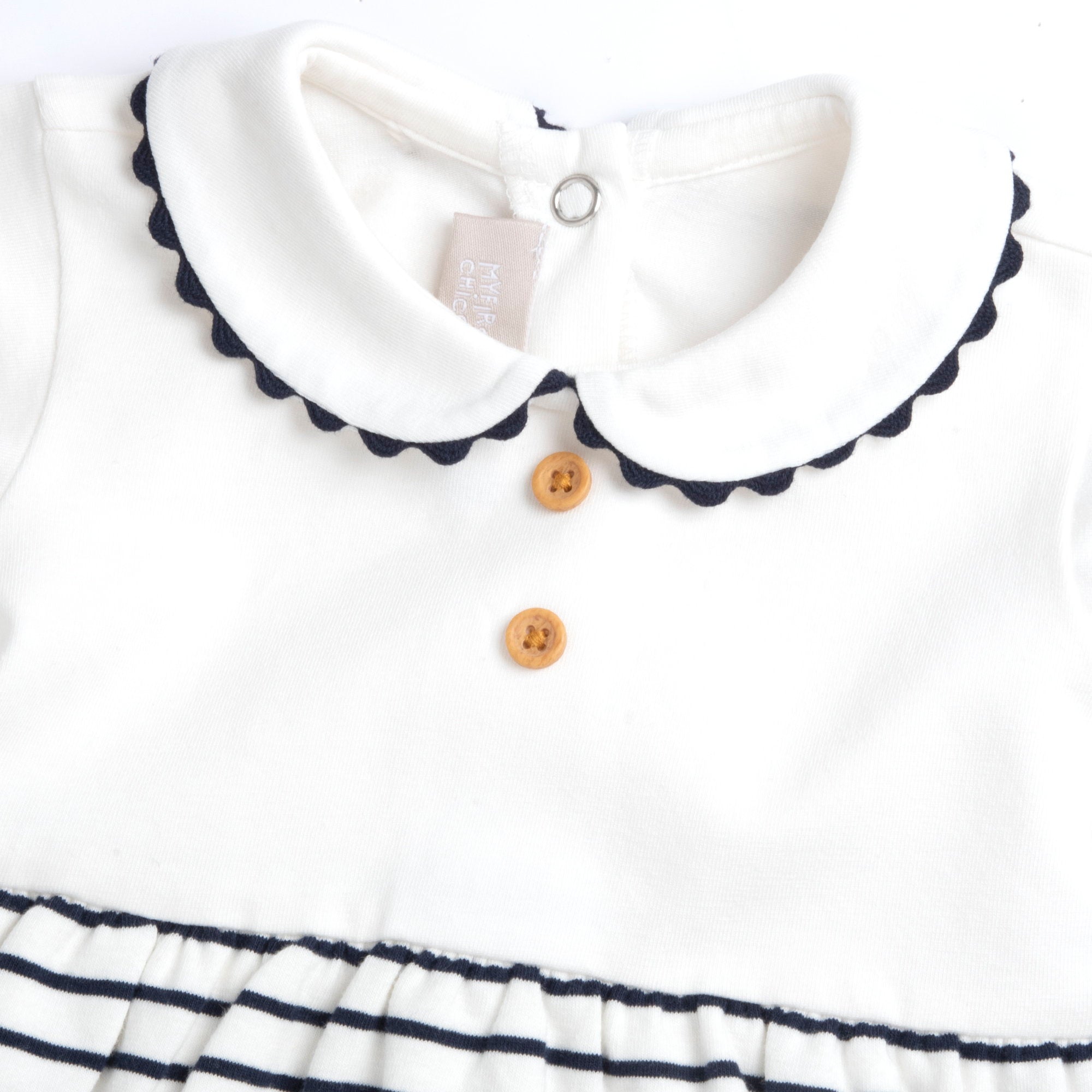 Girls White and Blue Striped Cotton Stretch Short Sleeve Romper