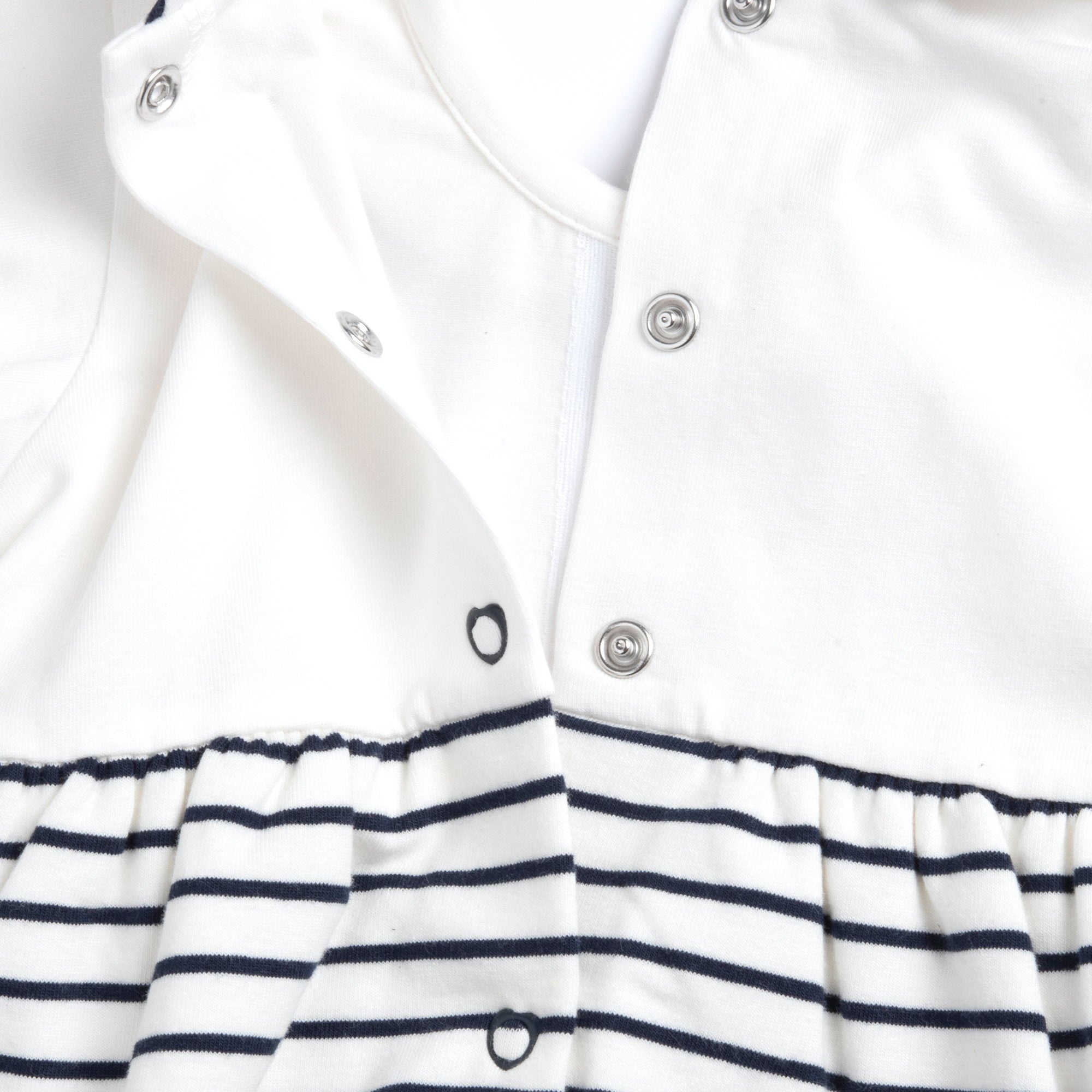 Girls White and Blue Striped Cotton Stretch Short Sleeve Romper