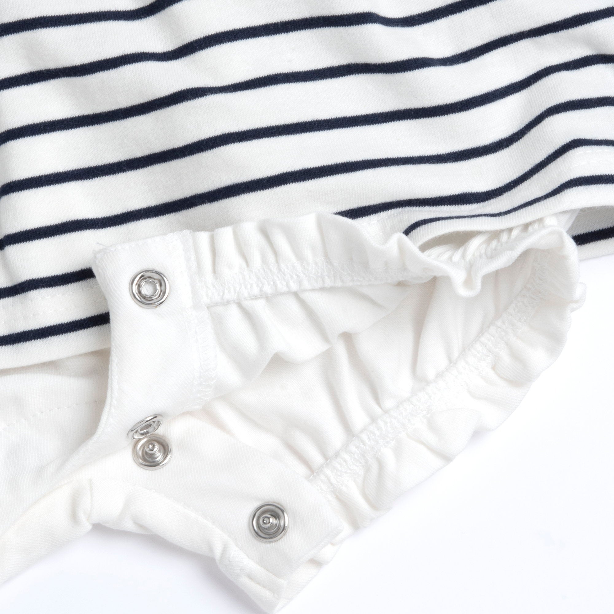 Girls White and Blue Striped Cotton Stretch Short Sleeve Romper