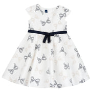 Girls White and Blue Printed Cotton A-Line Dress with Cap Sleeves