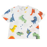 Boys White and Green Animal Printed Cotton T-Shirt with Regular Fit