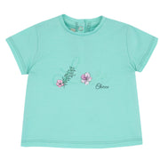 Girls Medium Green Floral Printed Cotton Stretch T-Shirt with Regular Fit
