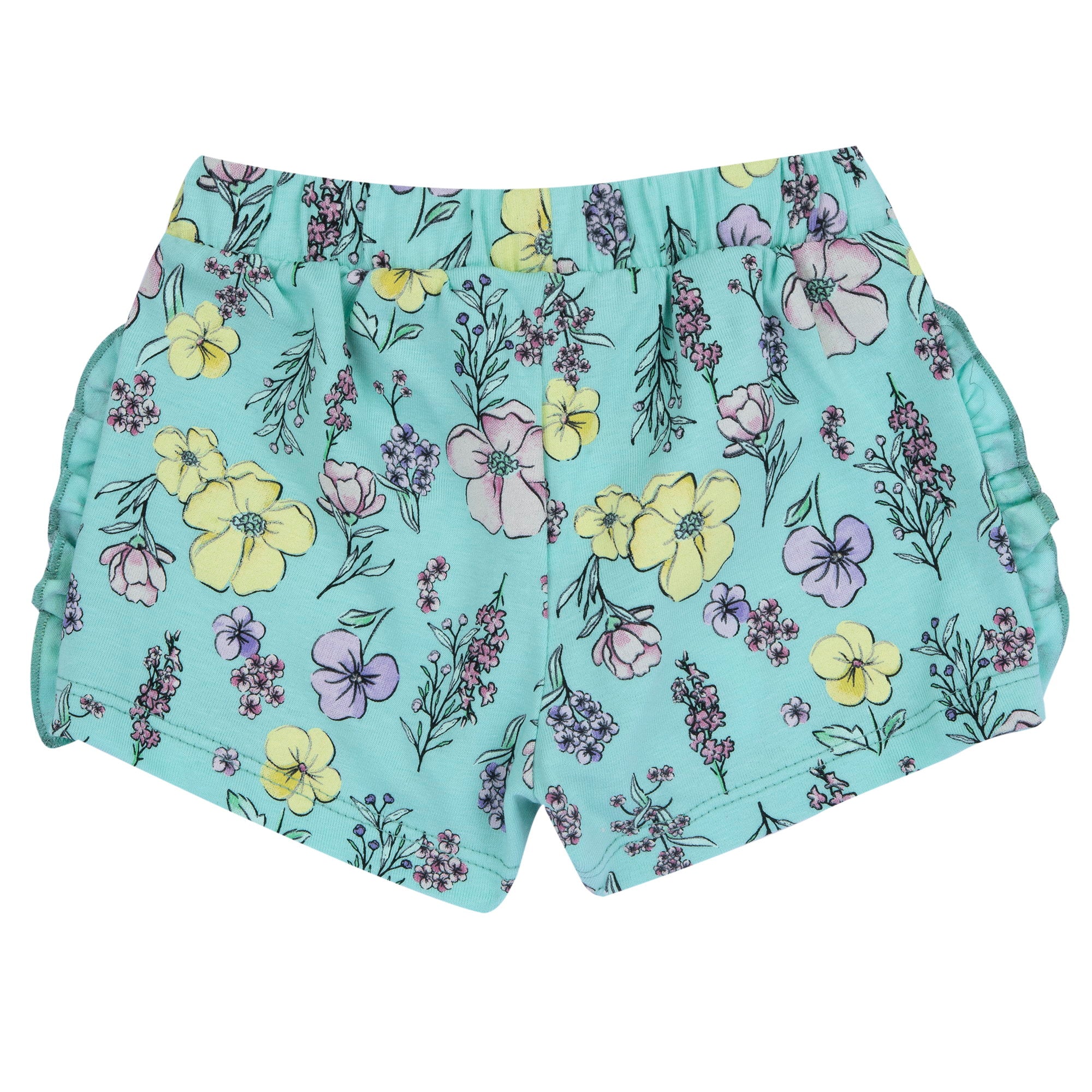 Girls Medium Green Floral Printed Cotton Stretch Shorts with Regular Fit