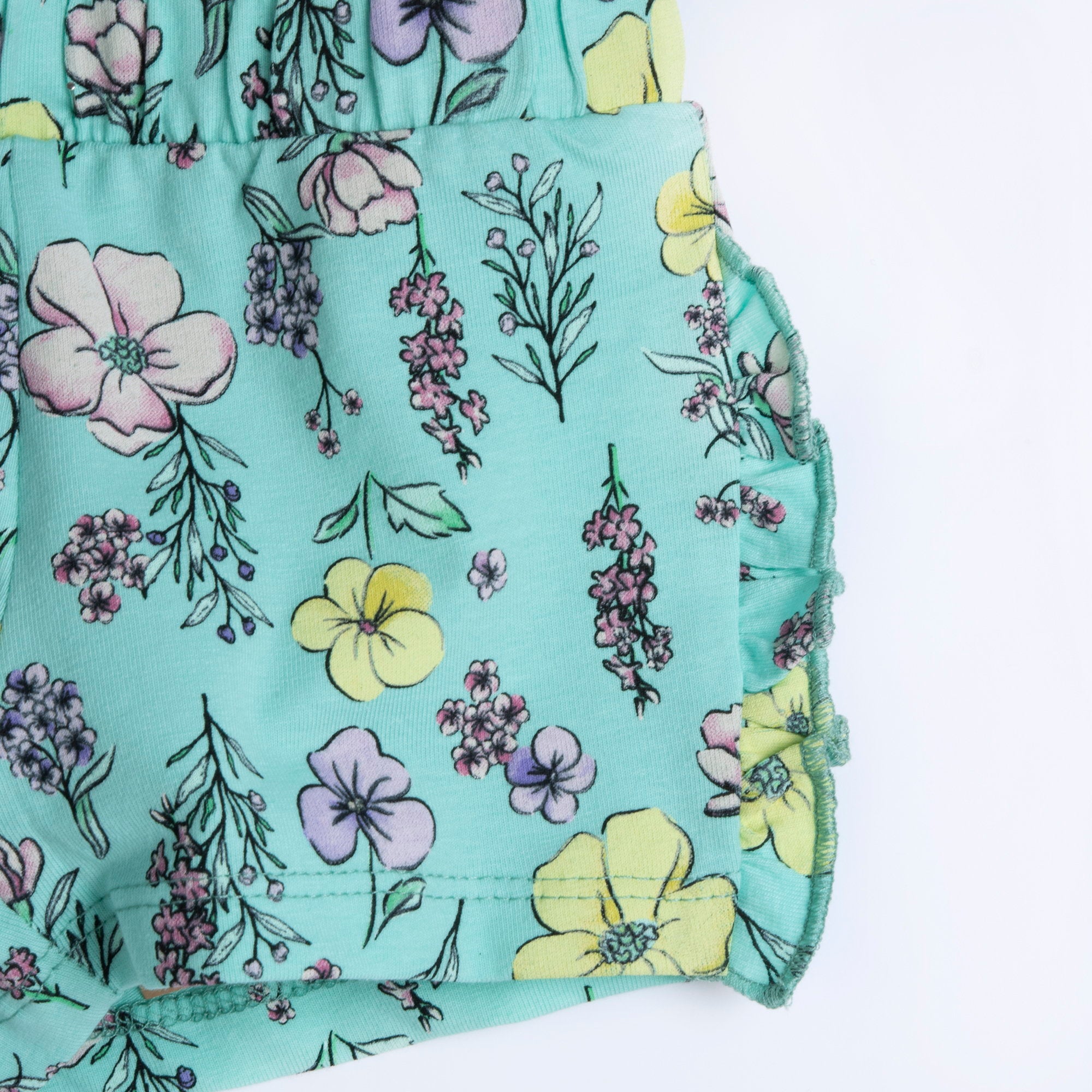 Girls Medium Green Floral Printed Cotton Stretch Shorts with Regular Fit