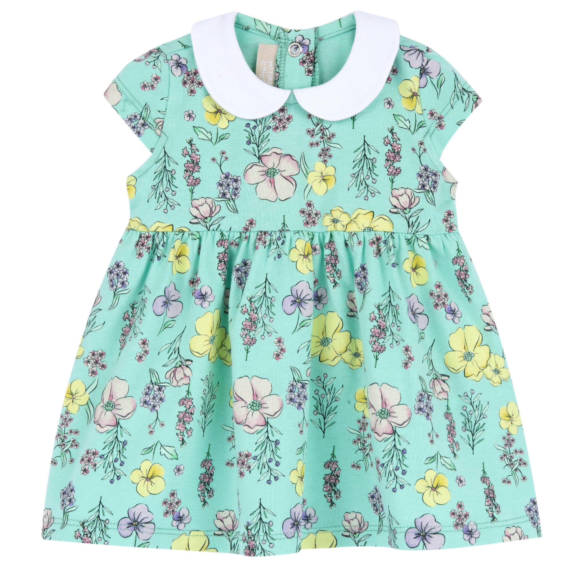 Girls Medium Green Floral Printed Cotton Stretch A-Line Dress