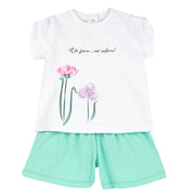 Girls White Printed Cotton Stretch T-Shirt and Shorts Set