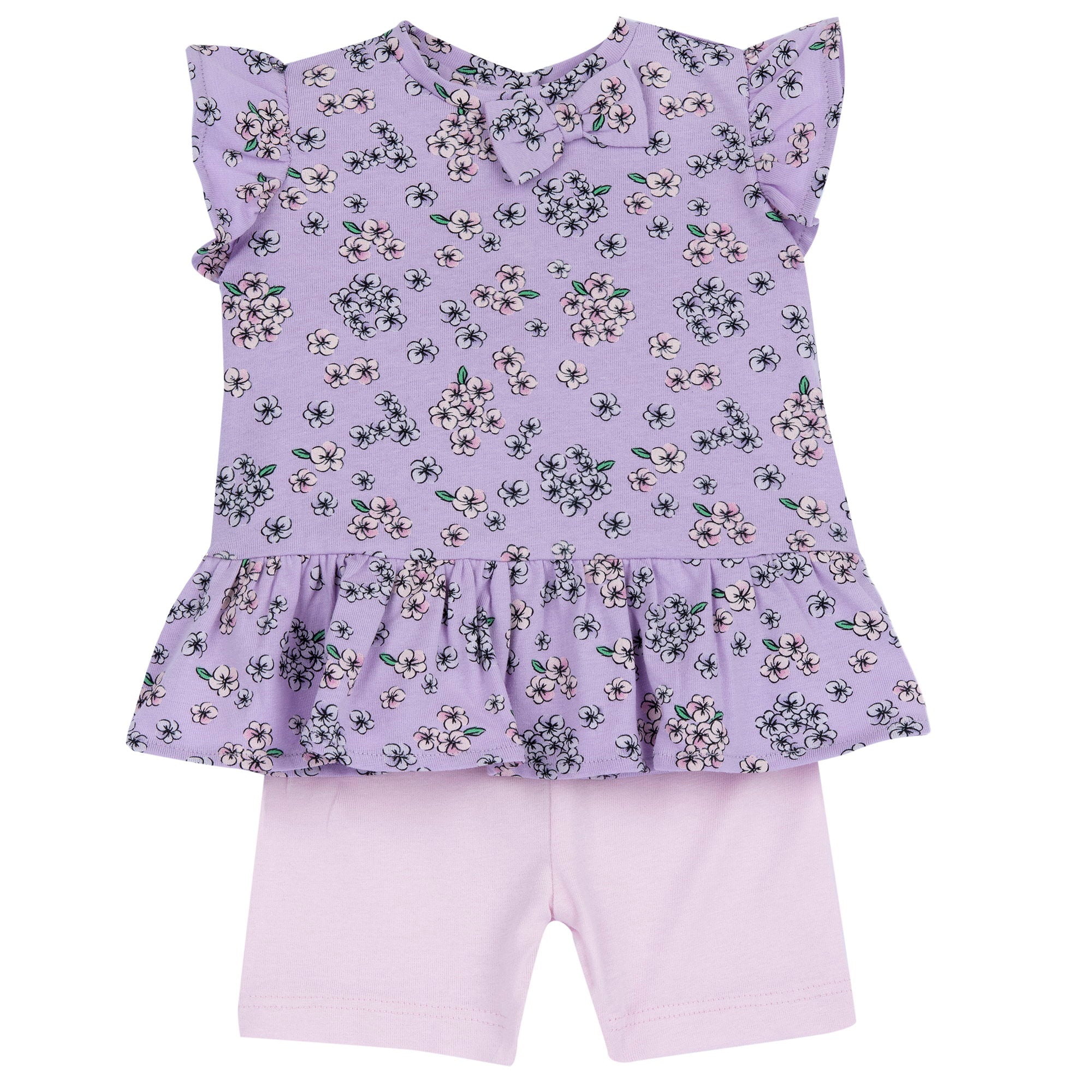 Girls Light Lilac Floral Printed Cotton Stretch T-Shirt and Shorts Set
