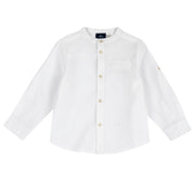 Boys White Solid Linen Cotton Long Sleeve Shirt with Mandarin Collar