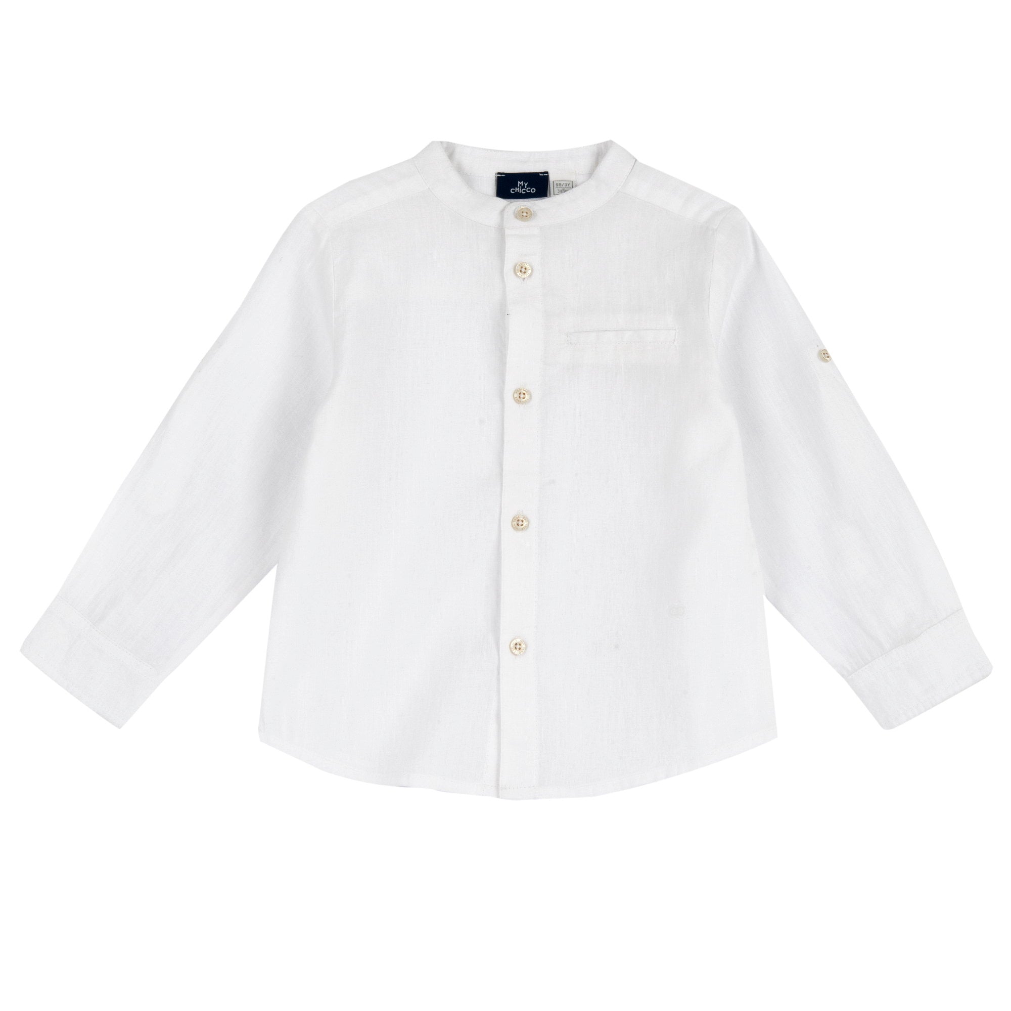 Boys White Solid Linen Cotton Long Sleeve Shirt with Mandarin Collar