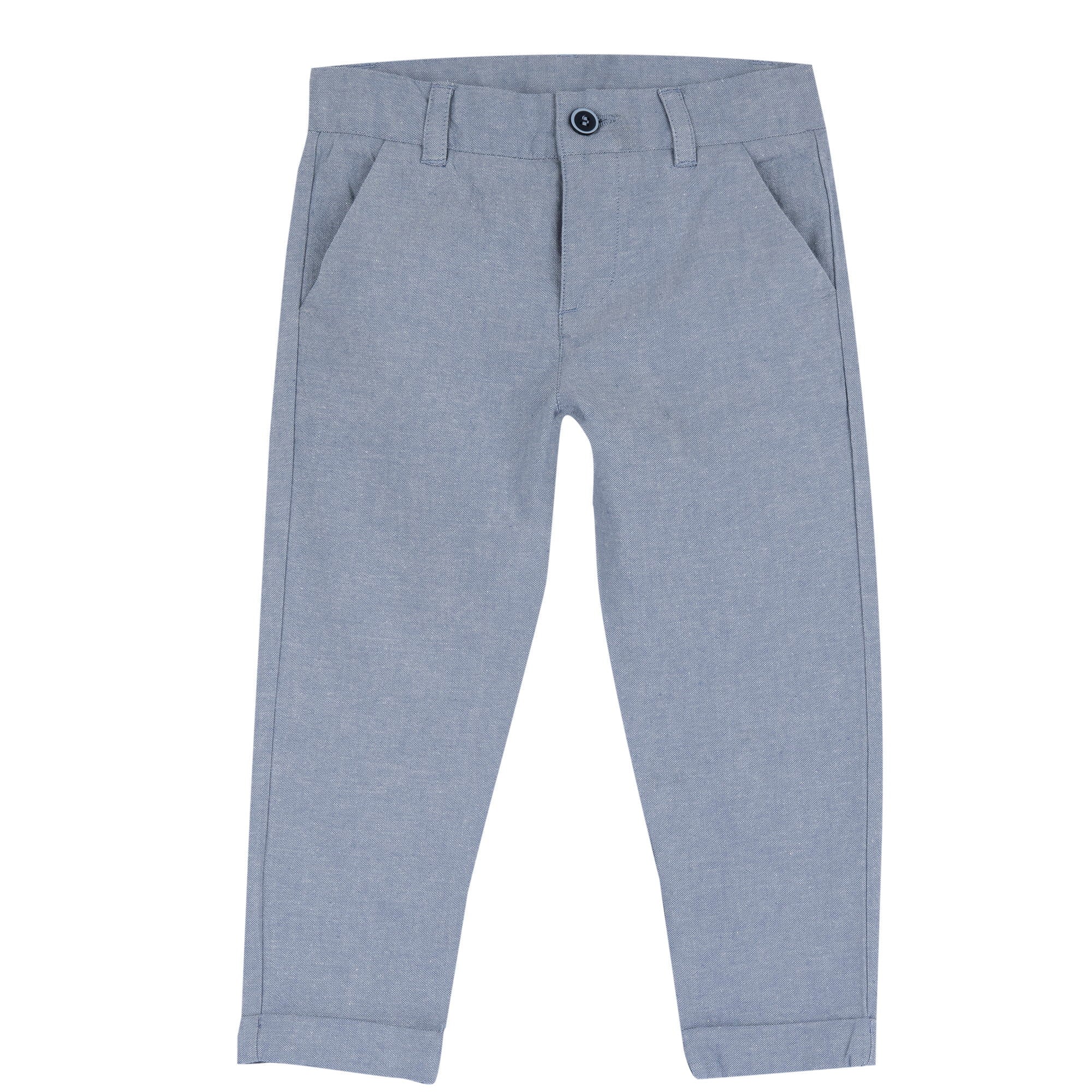 Boys Medium Light Blue Solid Cotton Long Trousers with Regular Fit