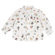 Boys White Printed Cotton Long Sleeve Shirt with Mandarin Collar