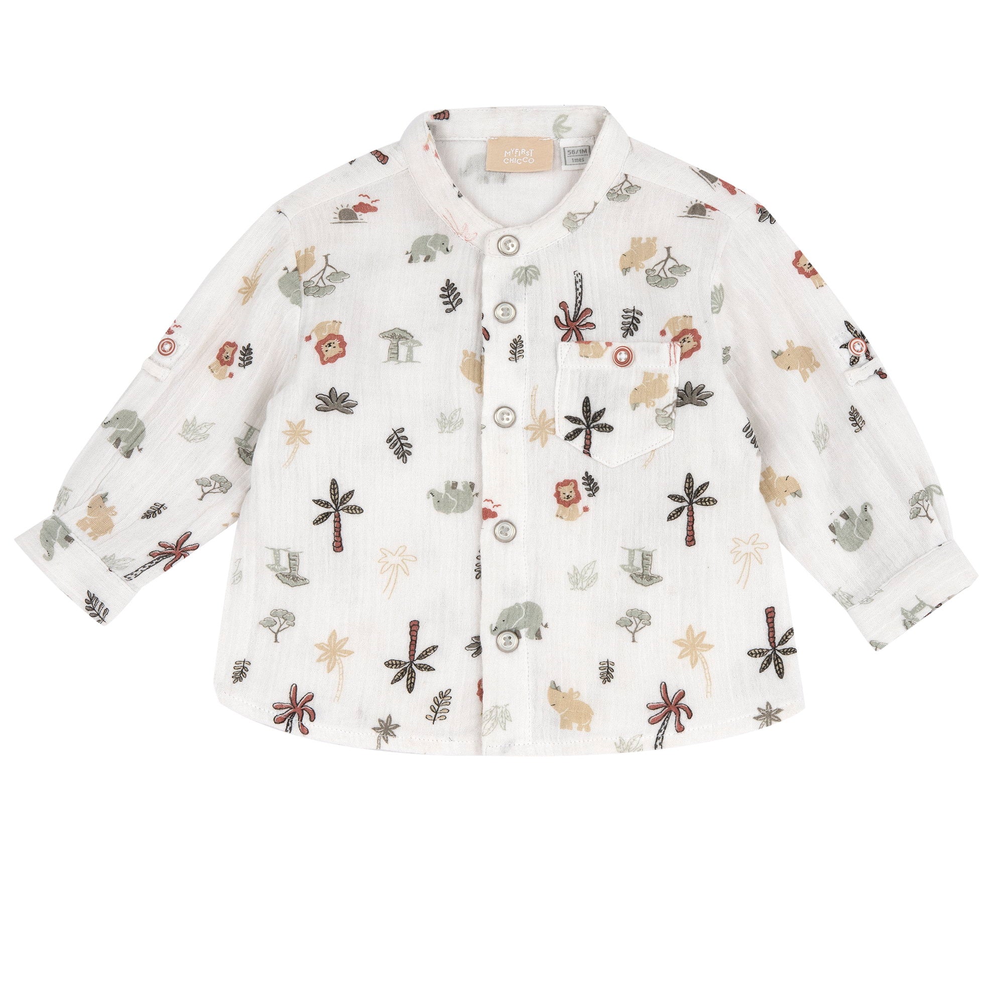 Boys White Printed Cotton Long Sleeve Shirt with Mandarin Collar