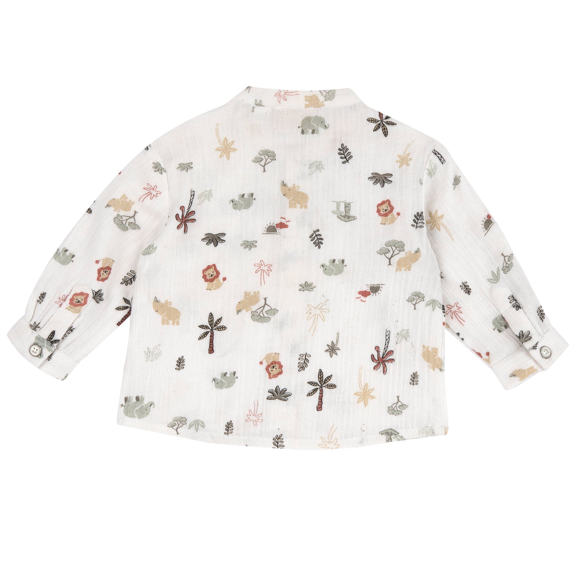 Boys White Printed Cotton Long Sleeve Shirt with Mandarin Collar
