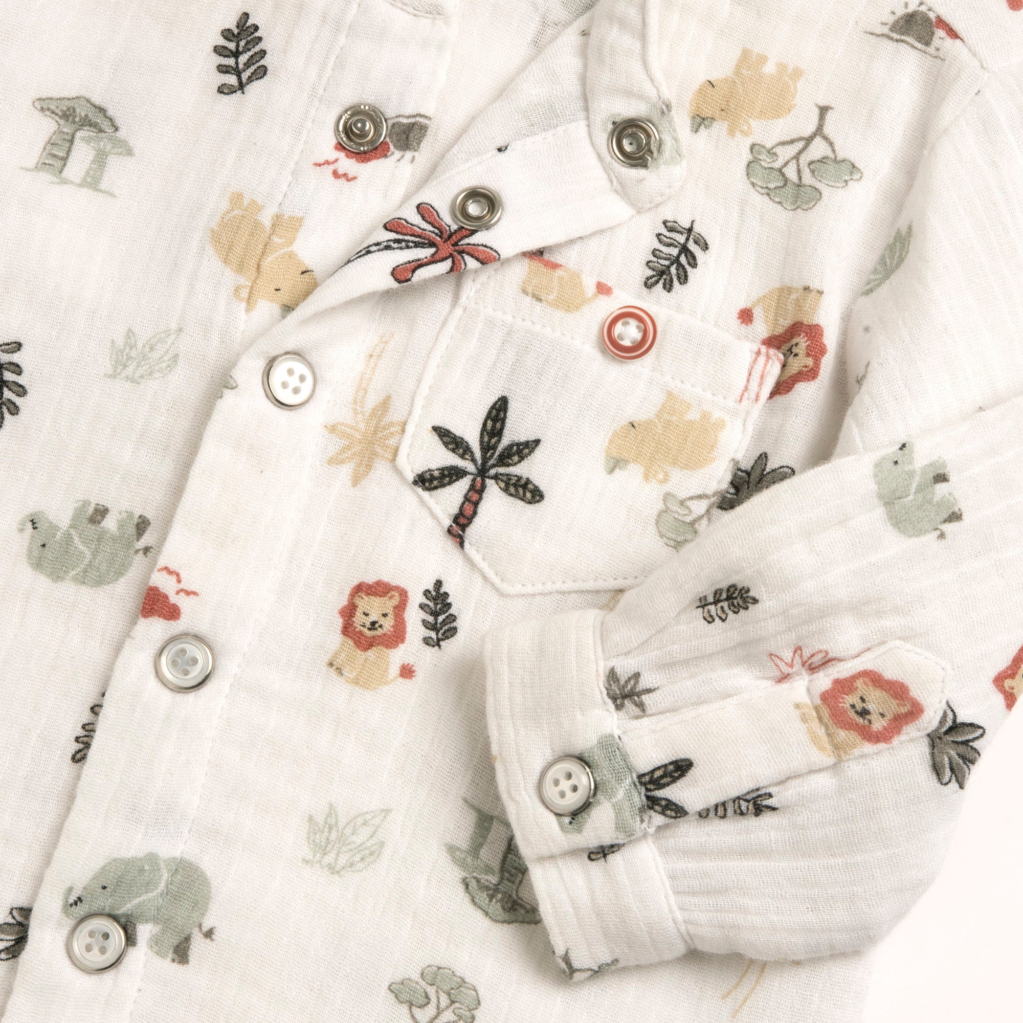 Boys White Printed Cotton Long Sleeve Shirt with Mandarin Collar