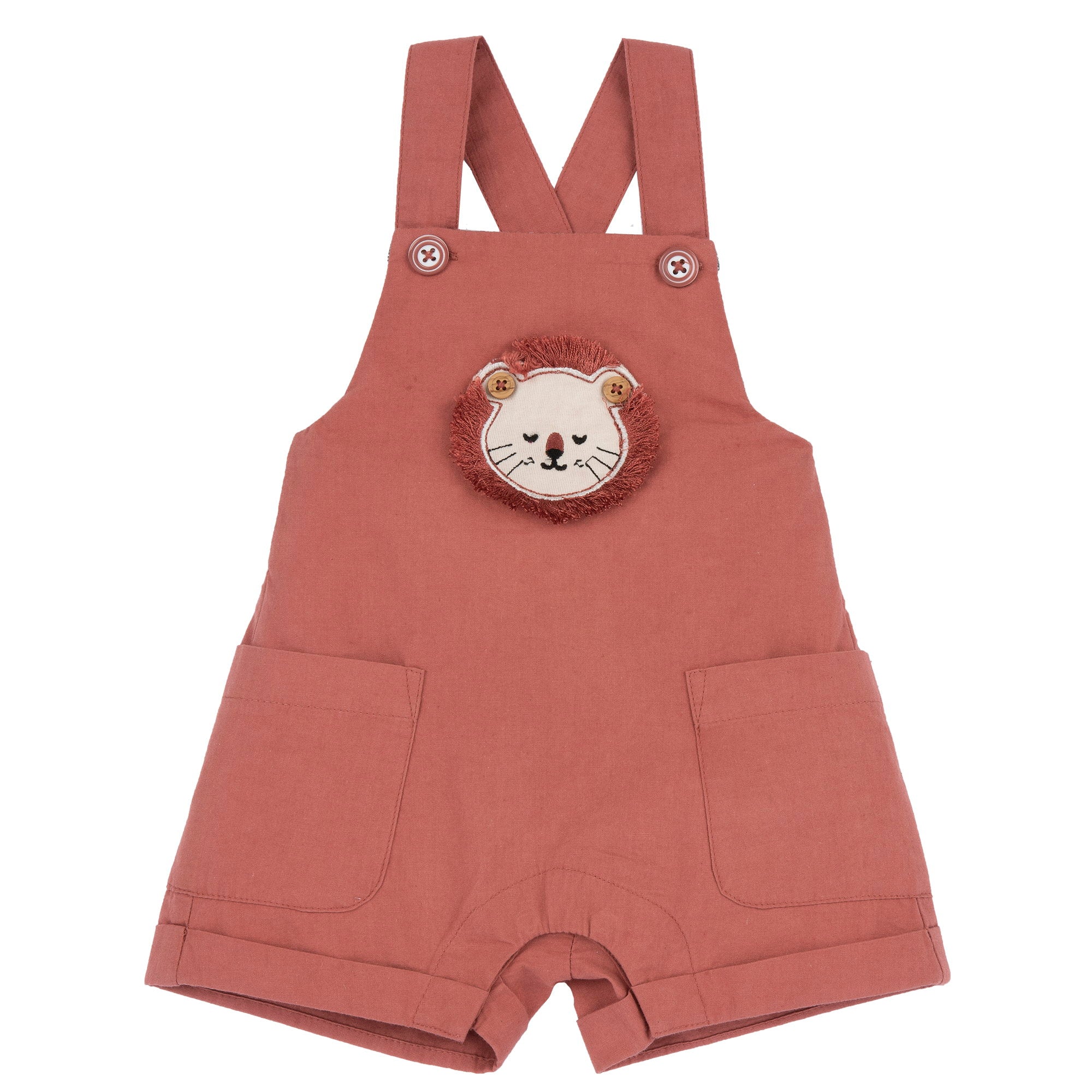 Boys Light Red Applique Cotton Lyocell Short Overalls with Regular Fit