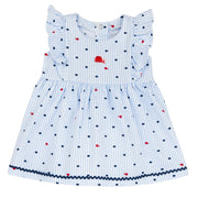 Girls White and Light Blue Striped Cotton A-Line Dress with Cap Sleeves