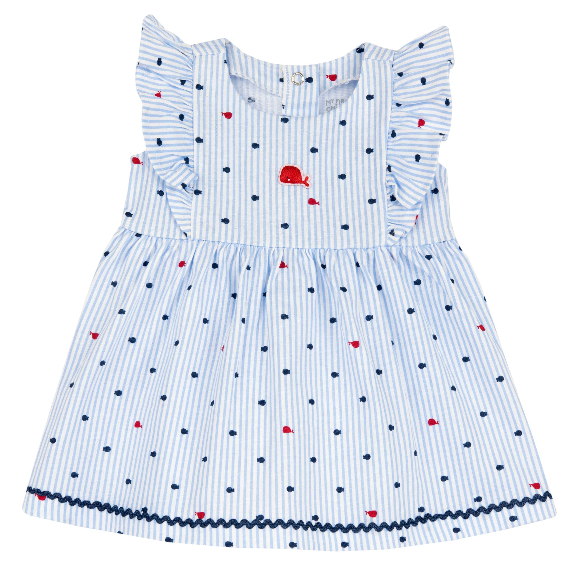 Girls White and Light Blue Striped Cotton A-Line Dress with Cap Sleeves