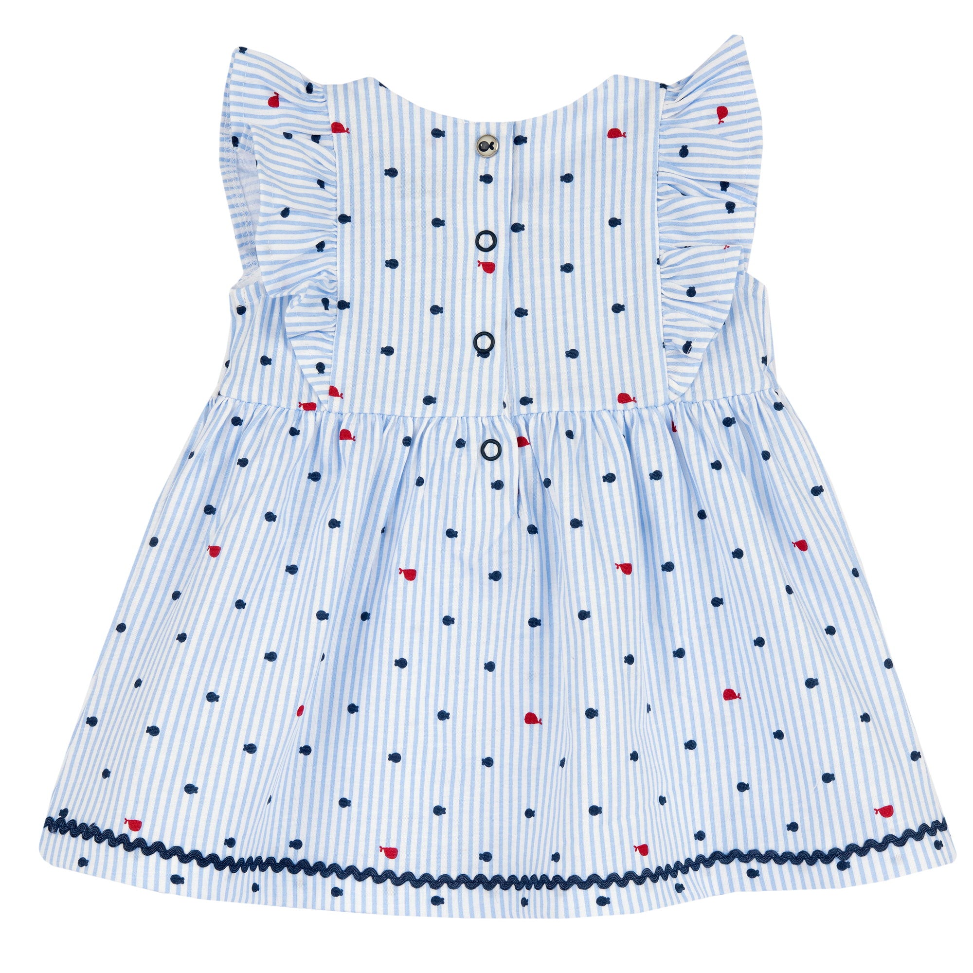 Girls White and Light Blue Striped Cotton A-Line Dress with Cap Sleeves