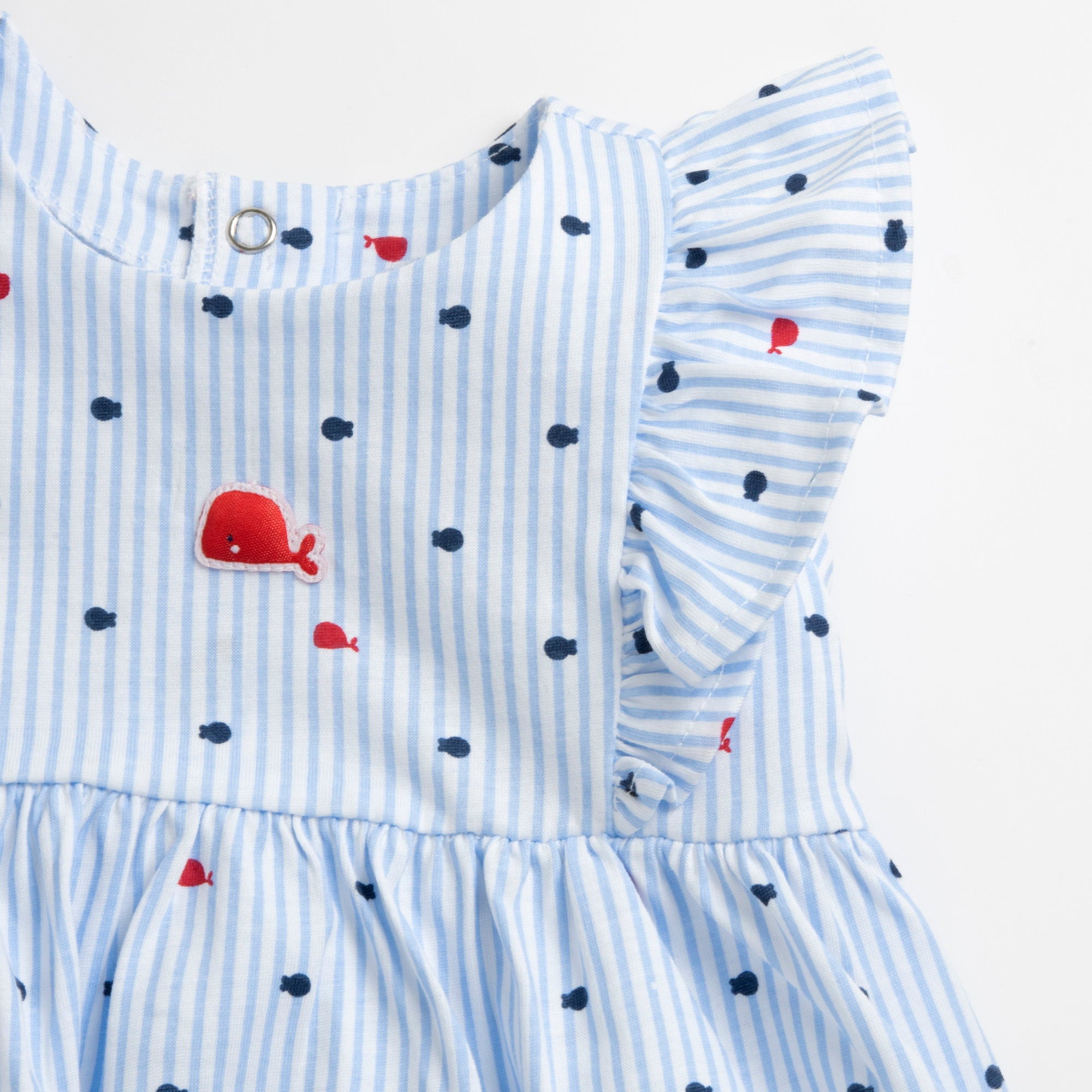 Girls White and Light Blue Striped Cotton A-Line Dress with Cap Sleeves