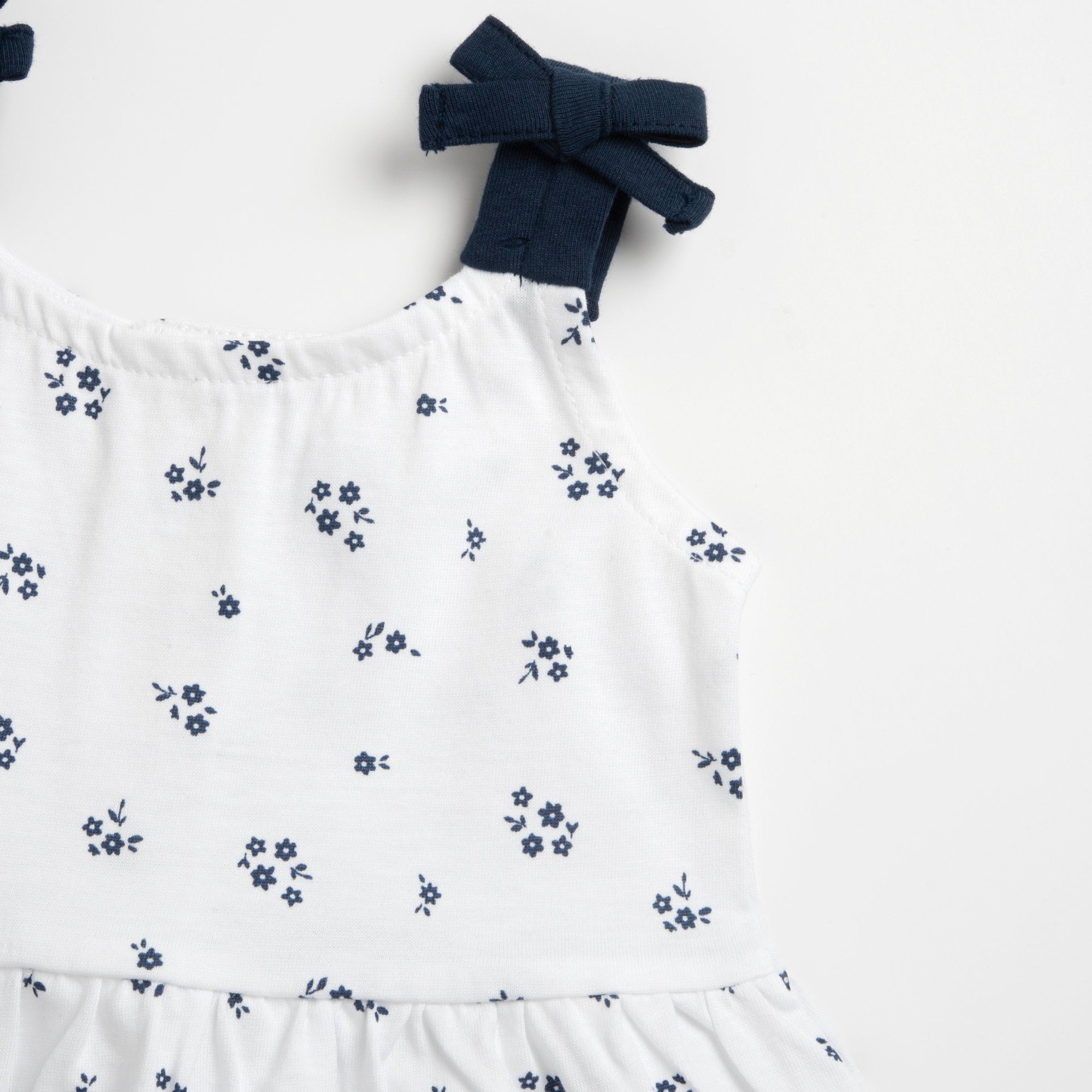 Girls White and Blue Floral Printed Cotton Sleeveless A-Line Dress