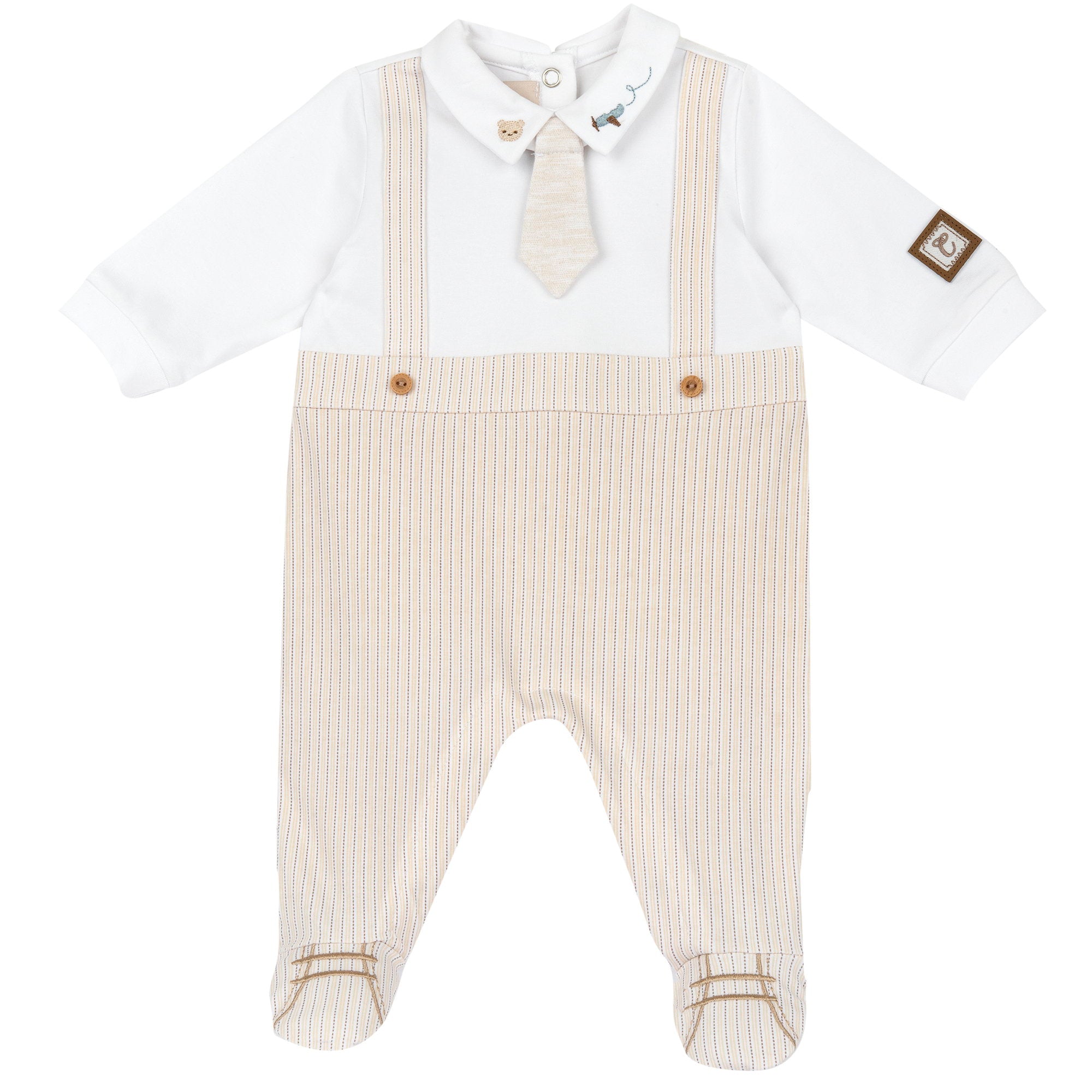 Boys Medium Natural Striped Cotton Stretch Leg Opening Babysuit with Collar