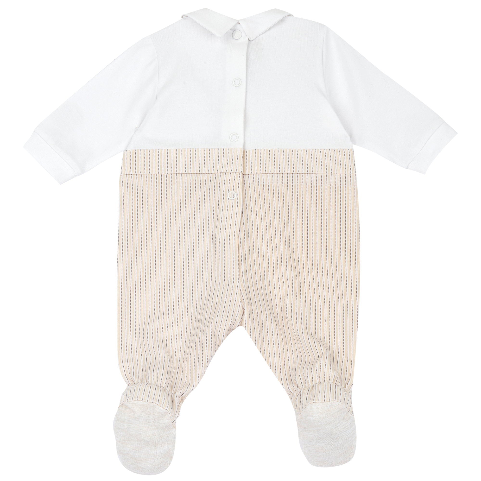 Boys Medium Natural Striped Cotton Stretch Leg Opening Babysuit with Collar