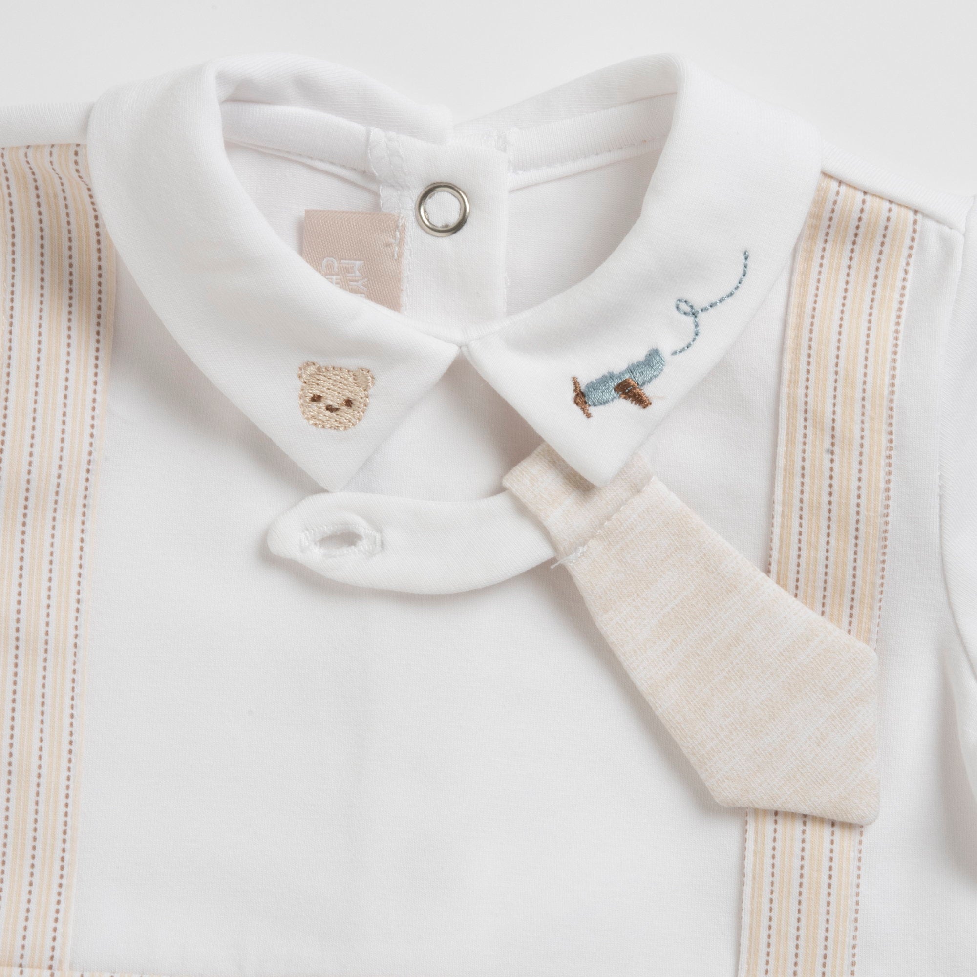 Boys Medium Natural Striped Cotton Stretch Leg Opening Babysuit with Collar