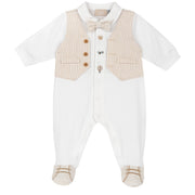 Boys White Applique Cotton Stretch Front Opening Babysuit with Collar