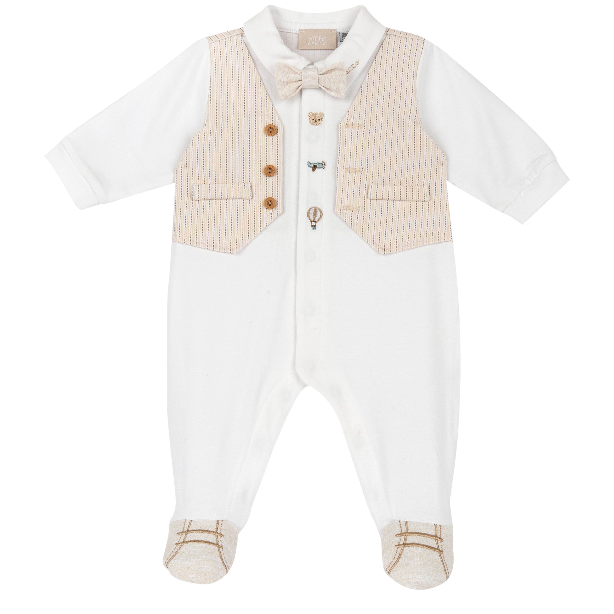Boys White Applique Cotton Stretch Front Opening Babysuit with Collar