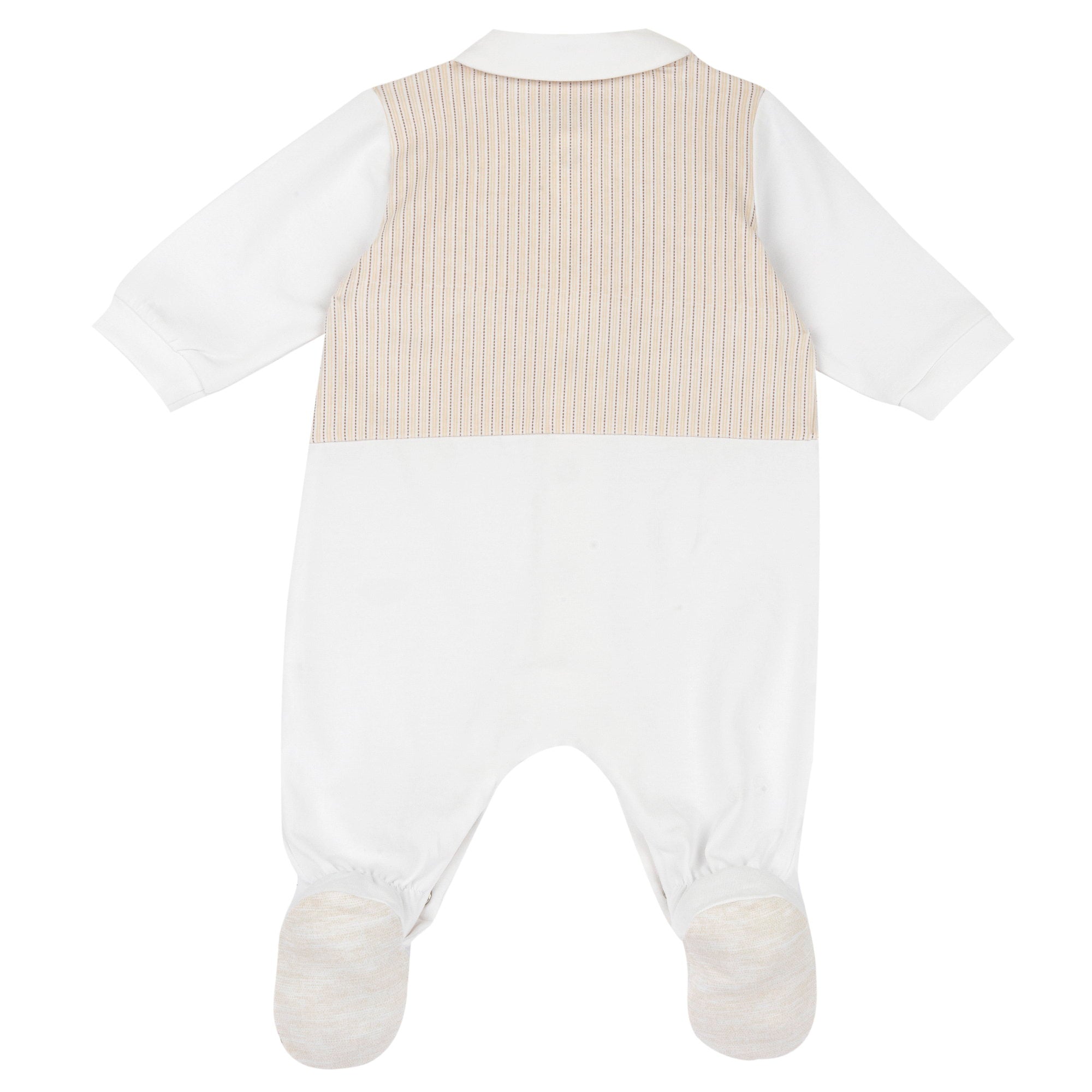 Boys White Applique Cotton Stretch Front Opening Babysuit with Collar