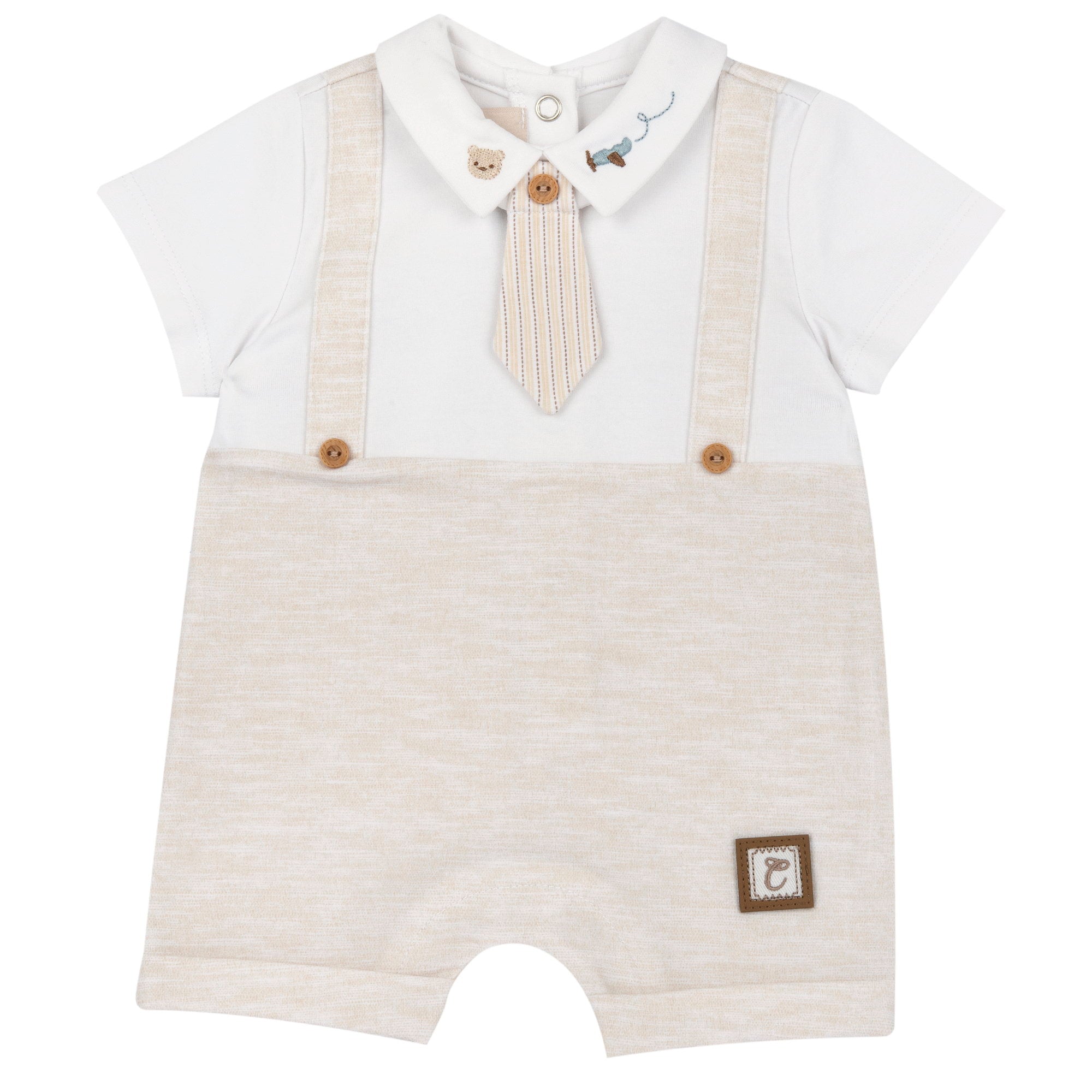 Boys Medium Natural Solid Cotton Stretch Collared Short Sleeve Romper