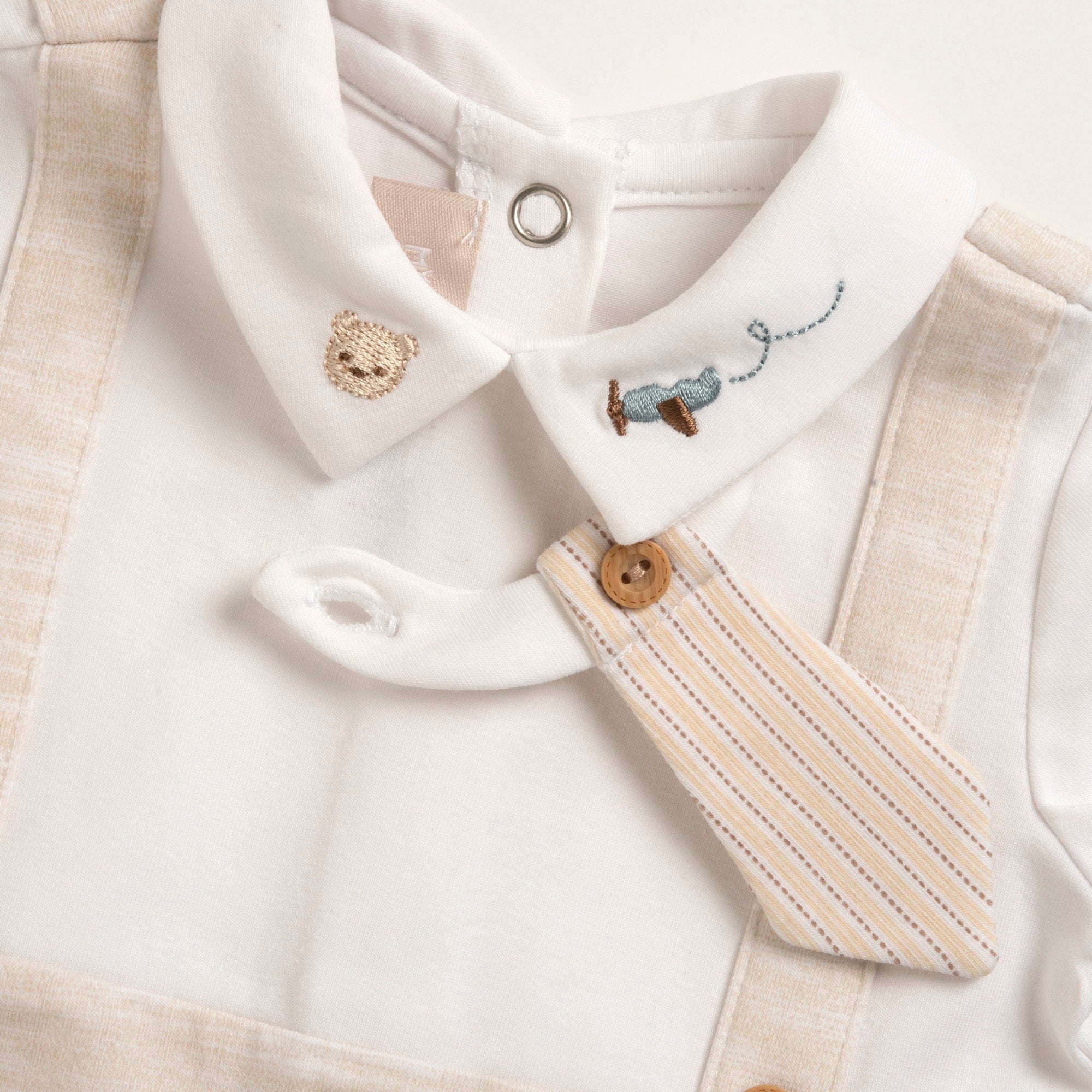 Boys Medium Natural Solid Cotton Stretch Collared Short Sleeve Romper