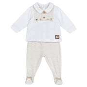 Boys Medium Natural Embroidered Cotton Stretch Baby Smock and Leggings Set