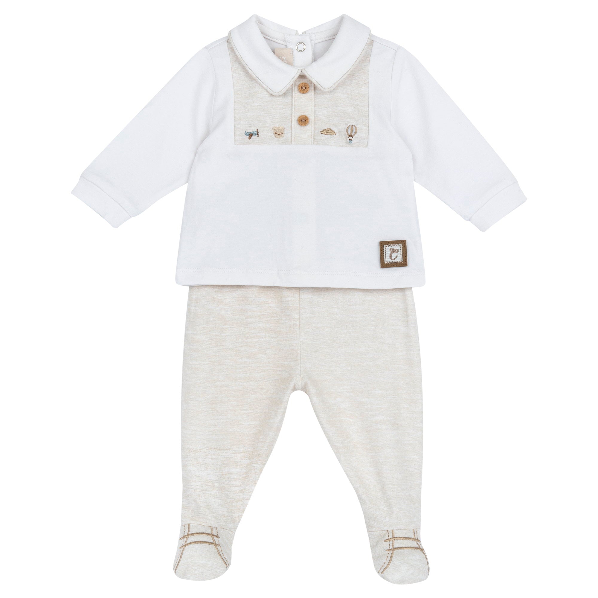 Boys Medium Natural Embroidered Cotton Stretch Baby Smock and Leggings Set