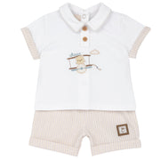 Boys Medium Natural Embroidered Cotton Stretch Collared T-Shirt and Shorts Set