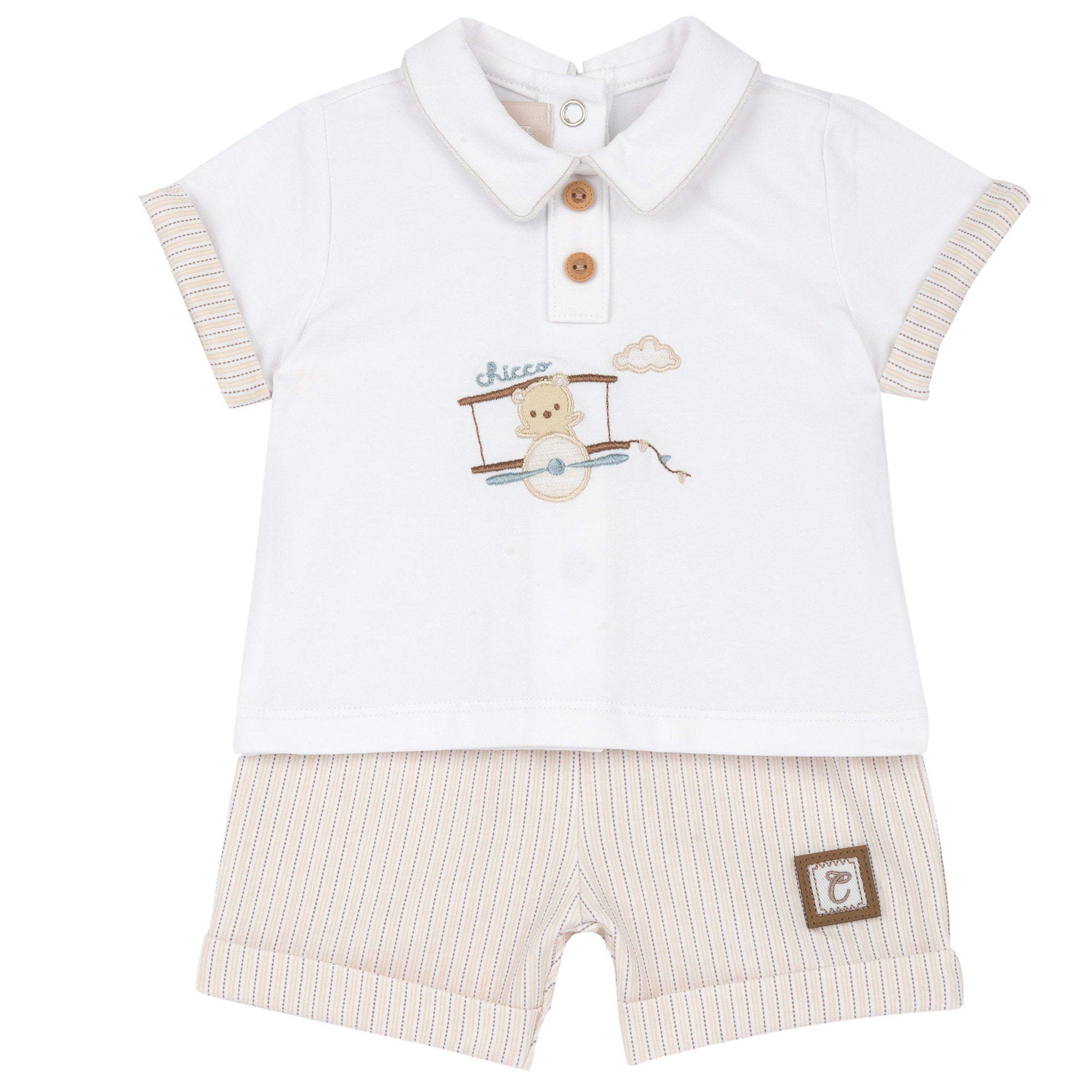 Boys Medium Natural Embroidered Cotton Stretch Collared T-Shirt and Shorts Set