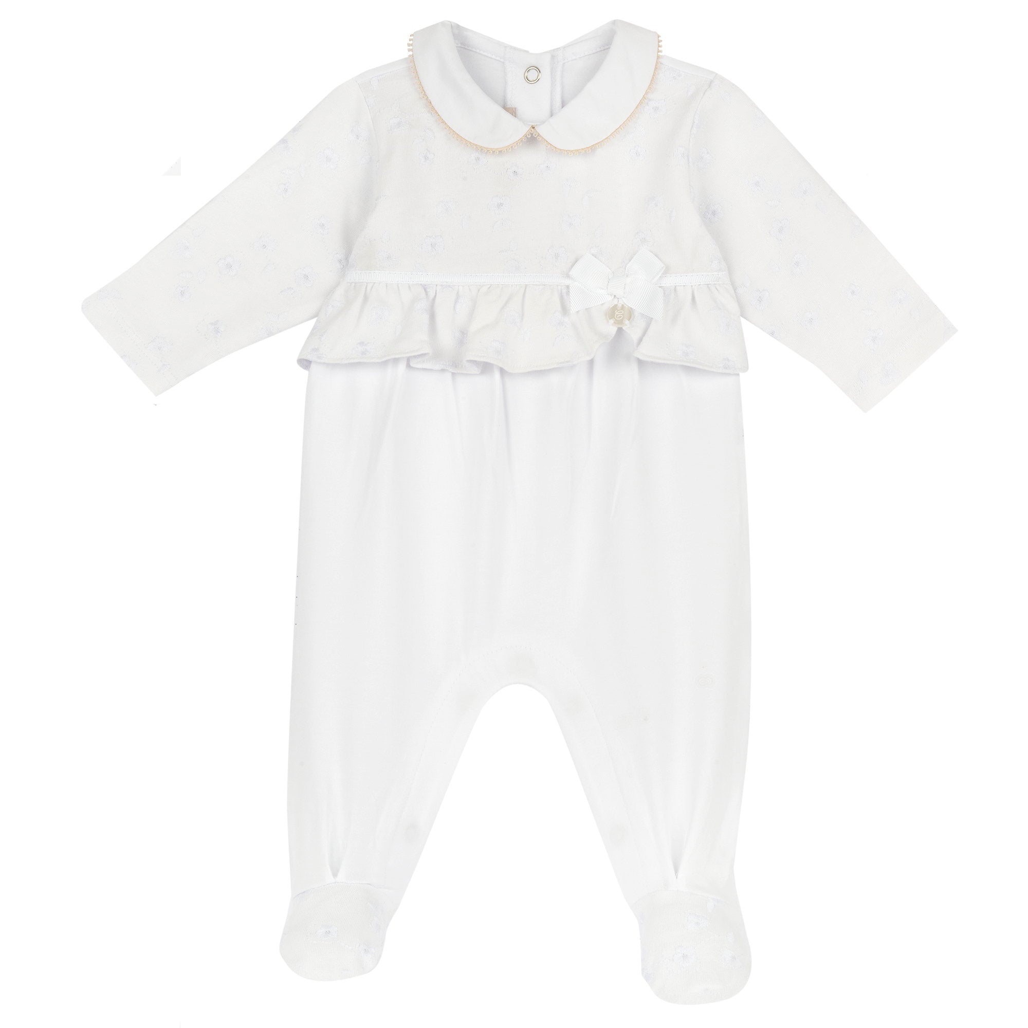 Girls White Embellished Cotton Leg Opening Babysuit with Peter Pan Collar