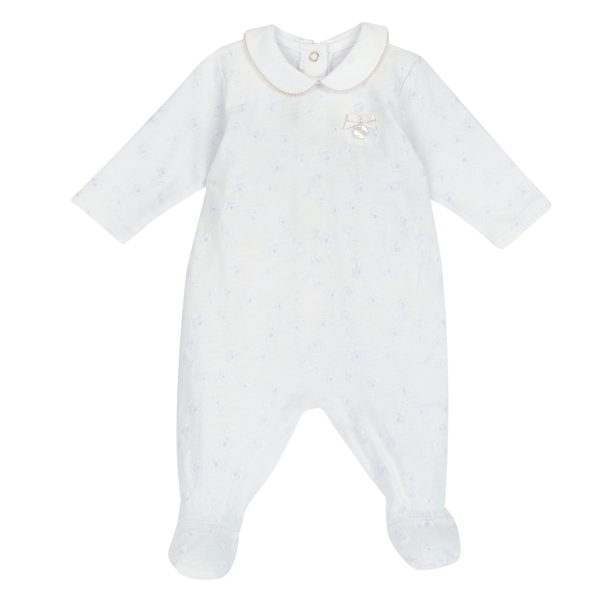 Girls White Embellished Cotton Nappy Opening Babysuit with Peter Pan Collar