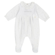 Girls White Embellished Cotton Stretch Leg Opening Babysuit with Round Neck