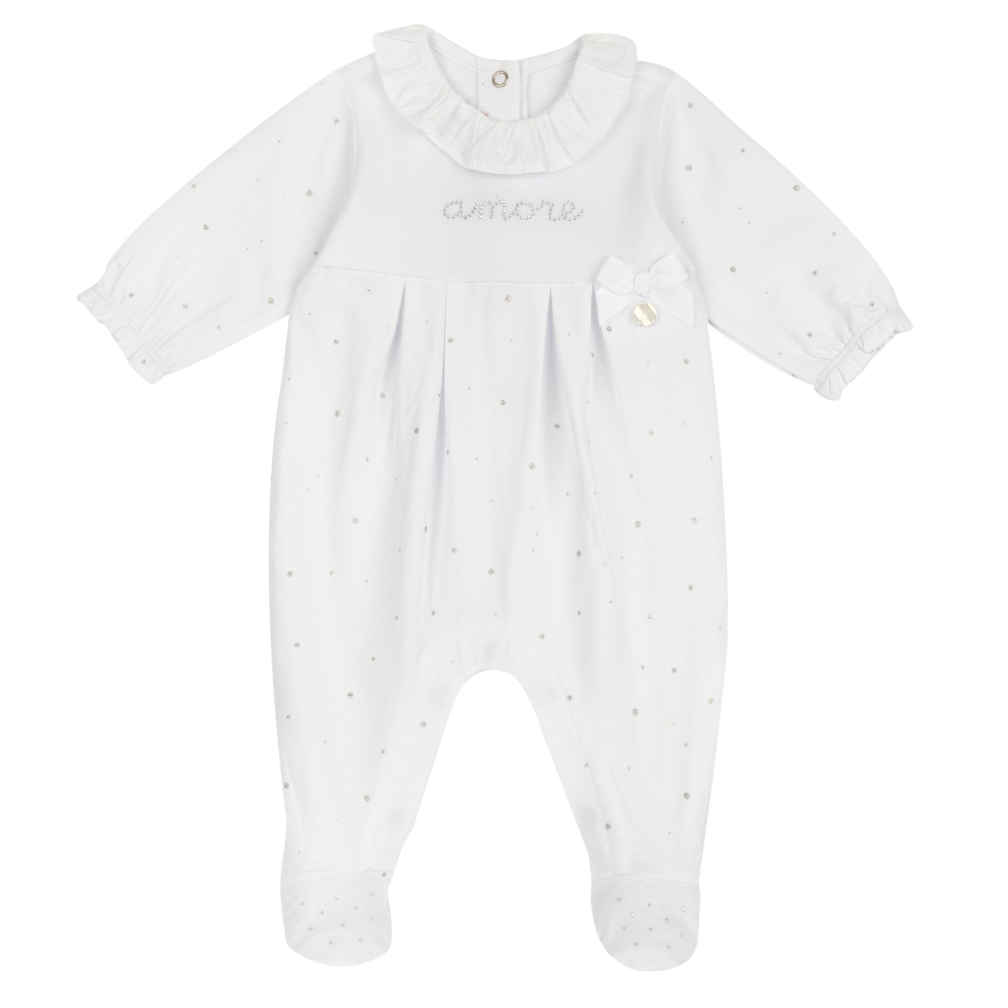 Girls White Embellished Cotton Stretch Leg Opening Babysuit with Round Neck