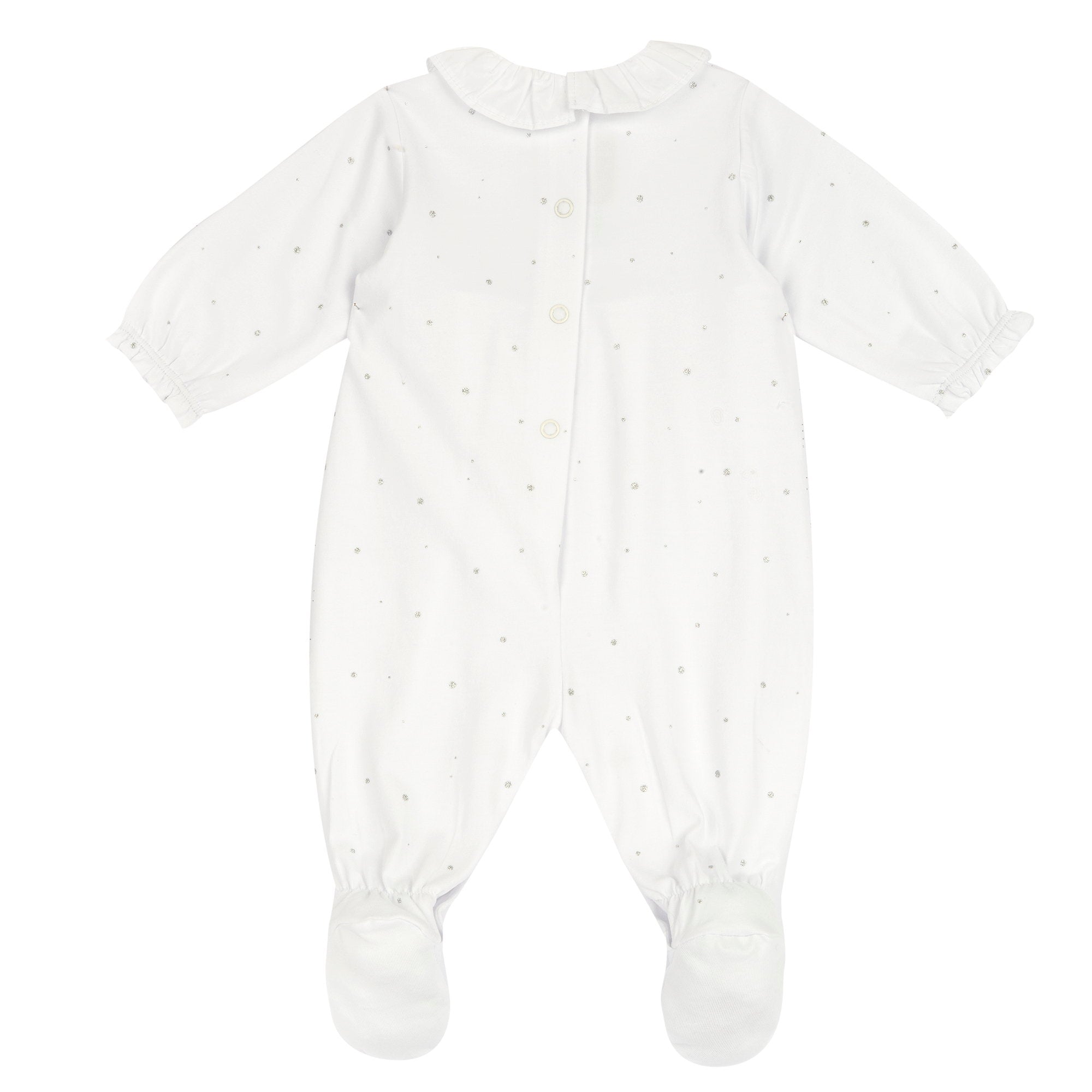 Girls White Embellished Cotton Stretch Leg Opening Babysuit with Round Neck
