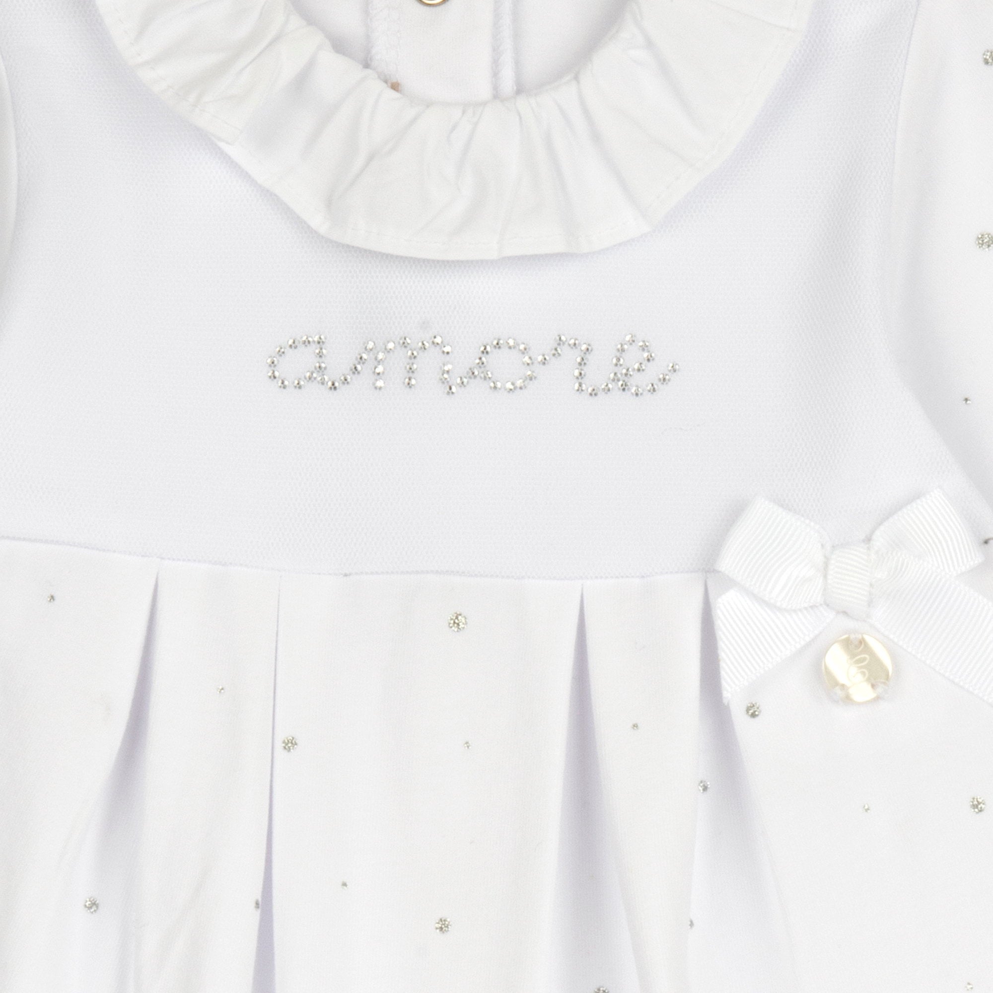 Girls White Embellished Cotton Stretch Leg Opening Babysuit with Round Neck