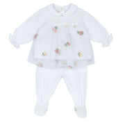 Girls White Embroidered Cotton Blend Baby Smock and Leggings Set with Peter Pan Collar