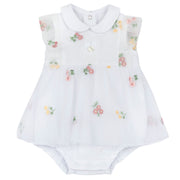 Girls White Embroidered Cotton Blend Cap Sleeve Romper with Peter Pan Collar