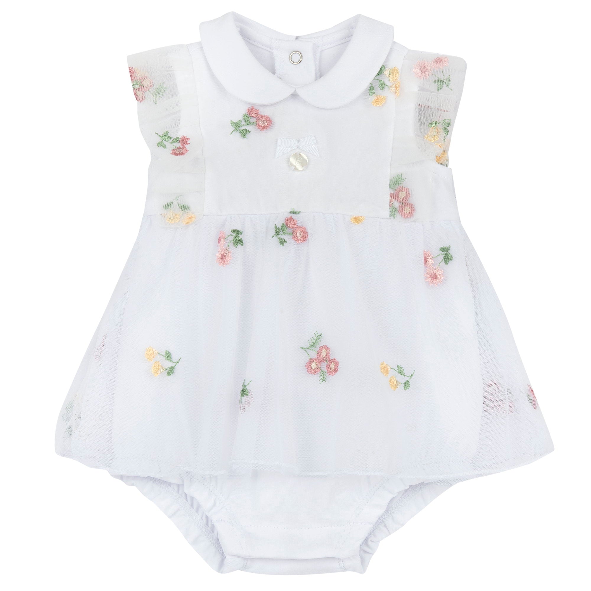 Girls White Embroidered Cotton Blend Cap Sleeve Romper with Peter Pan Collar