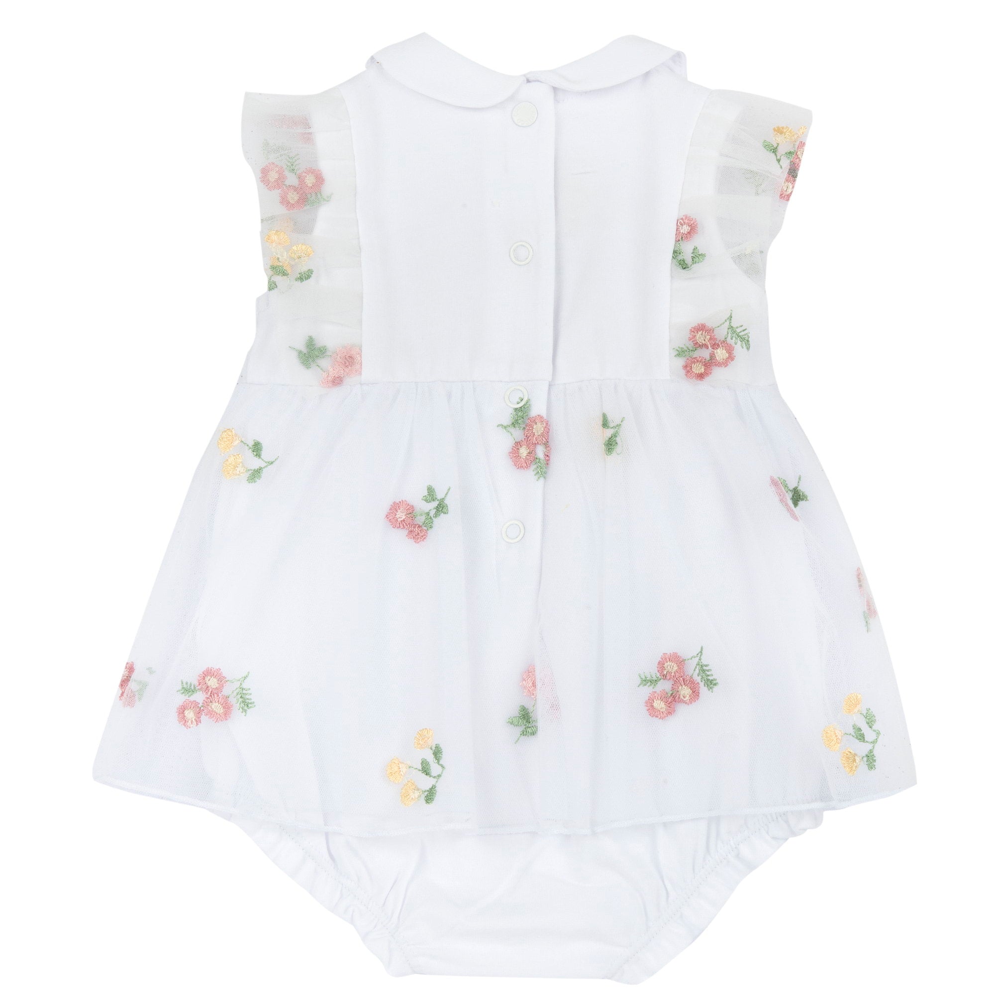 Girls White Embroidered Cotton Blend Cap Sleeve Romper with Peter Pan Collar