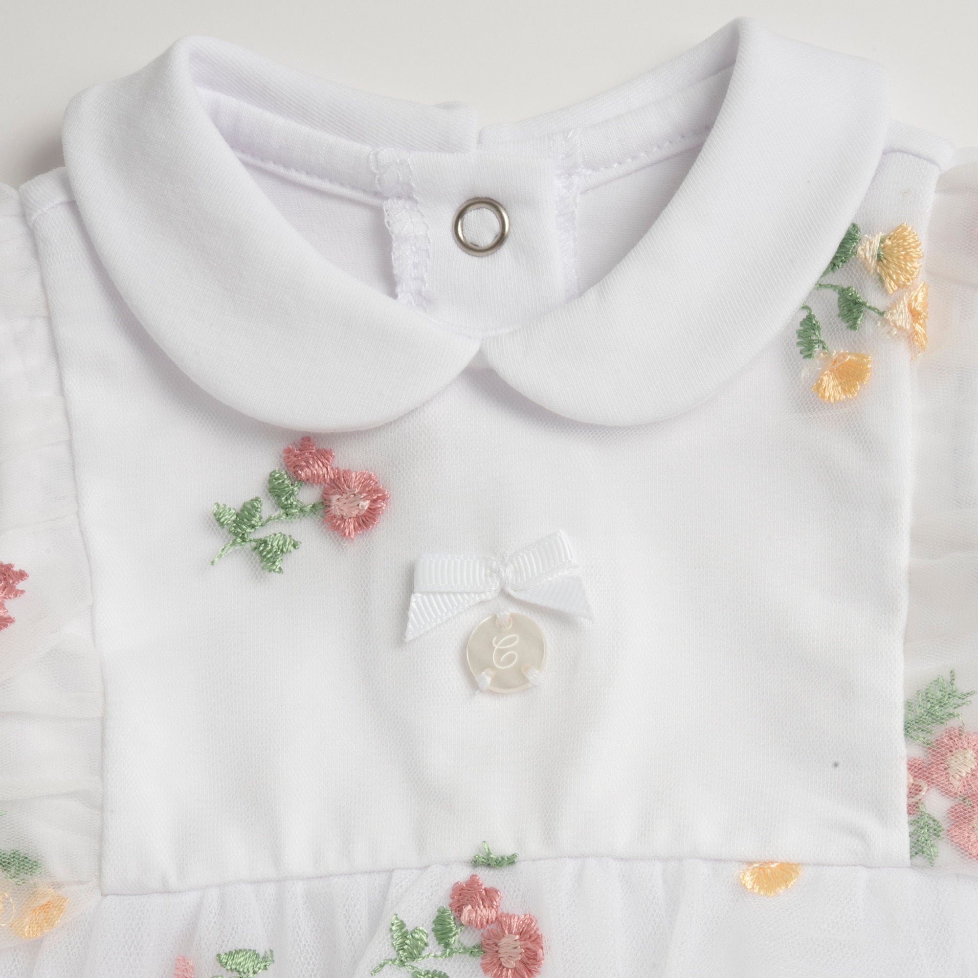 Girls White Embroidered Cotton Blend Cap Sleeve Romper with Peter Pan Collar