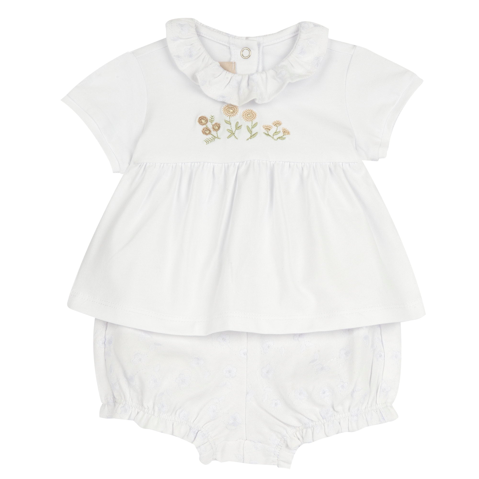 Girls White Embroidered Cotton Blend T-Shirt and Shorts Set