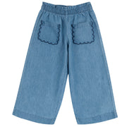 Girls Medium Light Blue Embroidered Cotton Long Trousers with Regular Fit
