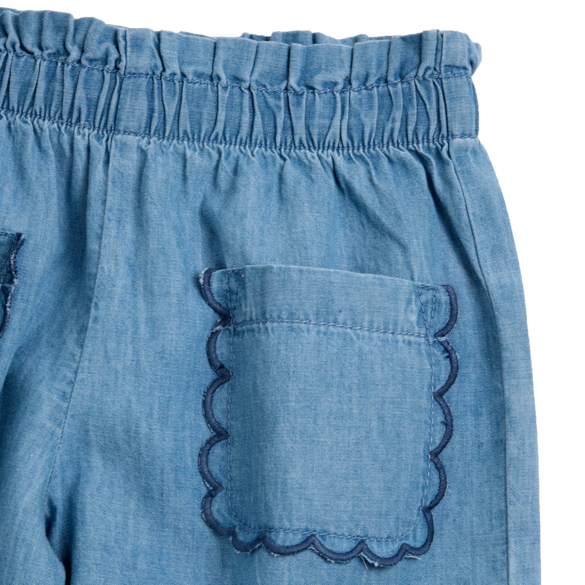 Girls Medium Light Blue Embroidered Cotton Long Trousers with Regular Fit